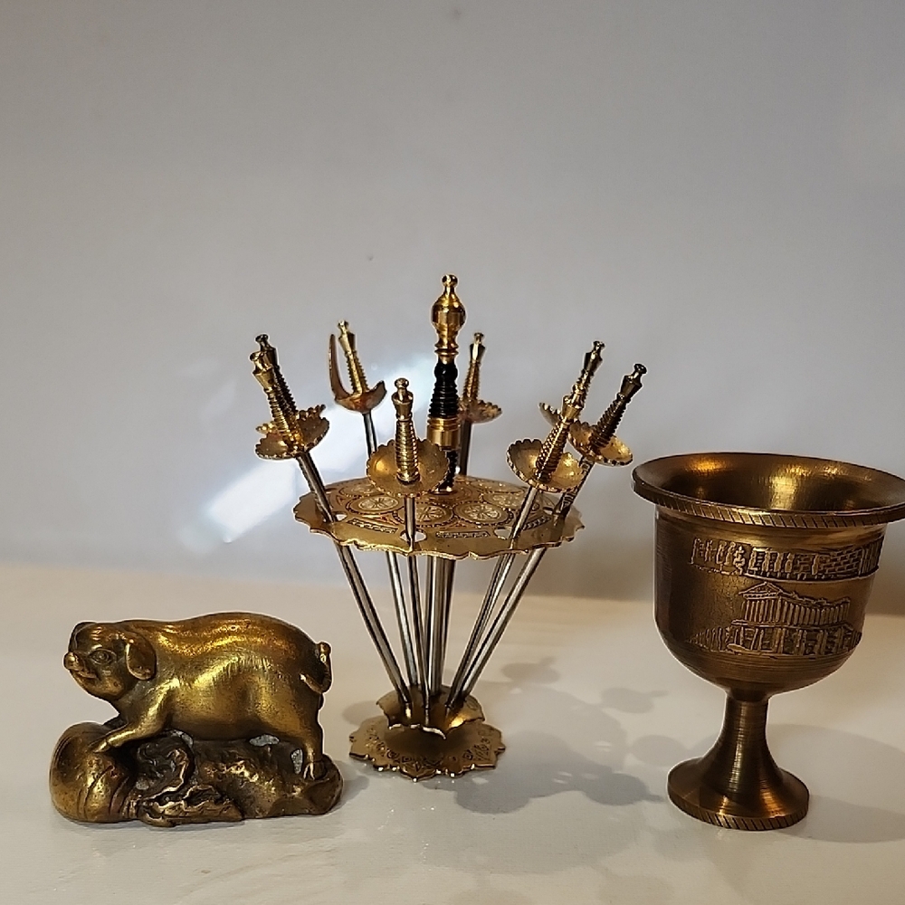 Vintage Toledo Spaine  Brass Decorative Set with Pig Figurine and Goblet